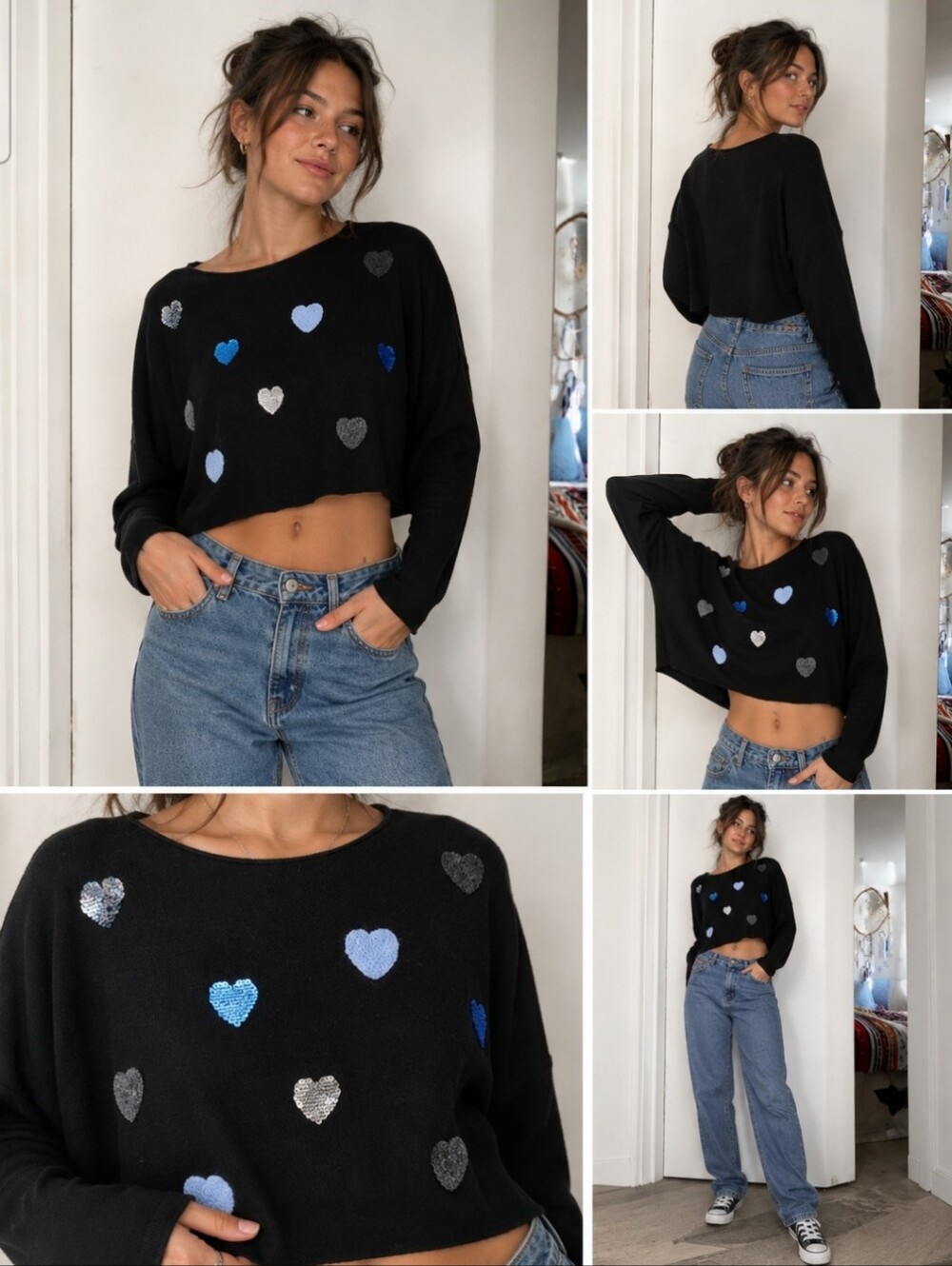 Eterne Black Cropped Sweater with Blue and Silver Sequin Hearts